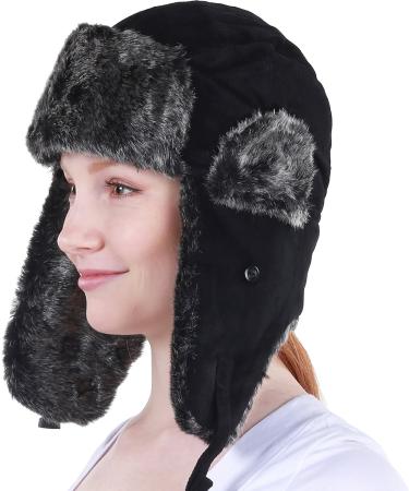 Wool Blend Aviator Trapper Hat Trooper Ushanka Bomber, Black Corduroy | One Size, Warm Winter Cold Protection - Buy Online on GoSupps.com