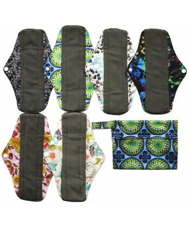 7pcs Set 1pc Mini Wet Bag +6pcs 10 Inch Regular Charcoal Bamboo Mama Cloth/Menstrual Pads/Reusable Sanitary Pads (Peacock)