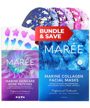 MAREE Skincare Bundle - Acne Patches and Facial Masks with Natural Extracts for Perfect Skin - Save 30% on Dermatologist Approved Acne Treatment and Anti-Aging Care - 72 Patches and 6 Sheet Masks
