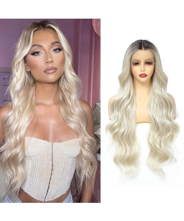 X-Tress 28" Lace Front Wig for Women Pretty Curly Hair Wig Synthetic Black Root Wig Fiber Hair Real Natural Looking HD Lace Front Pre Plucked Wig Glueless Wig Soft Hair(Ombre 613) Ombre to Blond