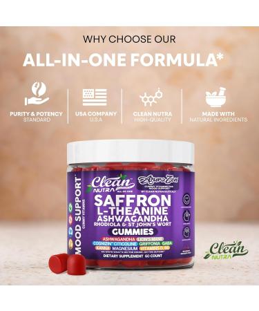 AuraZen Mood Support Saffron Gummies L-Theanine Ashwagandha Rhodiola St John's Wort Lions Mane GABA Vitamin D Magnesium Supplement | Calm Vegan Plant-Based Herbal Gummy by Clean Nutra - Buy Online on GoSupps.com