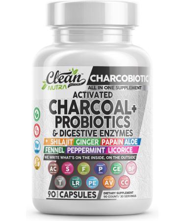 Clean Nutra Activated Charcoal Pills + Shilajit Probiotic Digestive Enzymes for Digestive Health Capsules with Peppermint Fennel Licorice Papain Ginger Turmeric Powder | Gut Health 60 Count (Pack of 1)