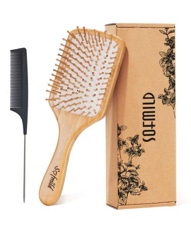 Hair Brush-Natural Wooden Bamboo Brush and Detangle Tail Comb Instead of Brush Cleaner Tool, Eco Friendly Paddle Hairbrush for Women Men and Kids Make Thin Long Curly Hair Health and Massage Scalp White