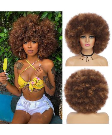 Afro Curly Wigs for Black Women - GKtineke Big Afro Puff Wig with Bangs ,10 Inch Short Kinky Curly Wig, Synthetic Hair Replacement Wigs for Women (mixed brown)