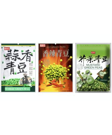 Pack of 3 Shengxiangzhen Green Peas Variety Pack, Party Essentials (Garlic, Spicy, Wasabi)  ,   - 240 Gram