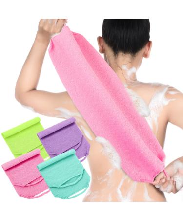 Exfoliating Back Scrubber with Handles 4 Packs Nylon Back Exfoliator Extended Length Back Washers Scrubbers Stretchable Pull Strap Exfoliating Washcloth (Pink Blue Fluorescent Green Purple)