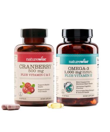 NatureWise 1 Cranberry Pills - Extract Equal to 12 500mg* - 60 Capsules 30-Day Supply + 1 Omega 3 Fish Oil 1000mg + Vitamin E - Wild-Caught - 60 Softgels 30-Day Supply