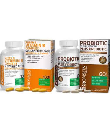 Bronson Probiotic 50 Billion CFU + Prebiotic with Apple Polyphenols & Pineapple Fruit Extract + Vitamin B Complex Sustained Release