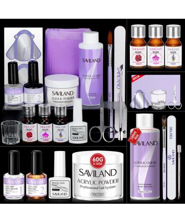 SAVILAND Acrylic Nail Kit with 100% Essential Oil - 2oz Clear Acrylic Powder and Liquid Set 120ml with Nail Practice Mat Dehydrator Primer Professional Acrylic Nail Kit Set for Beginners DIY Nail Art