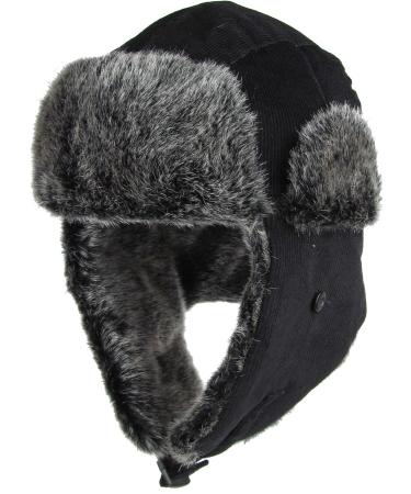 Wool Blend Aviator Trapper hat Trooper Ear Flaps Ushanka Eskimo Bomber Russian Warm Winter Cold One Size 2. Black Corduroy