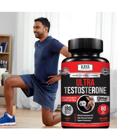 Kaya Naturals UltraTest- Men's T Booster with Tongkat Ali Horny Goat Weed Tribulus - Natural Workout Supplement for Energy Stamina and Strength Booster - 180 Count 180 Count (Pack of 1) - Buy Online on GoSupps.com