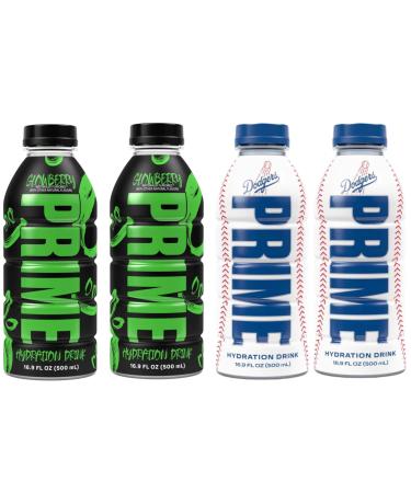PRIME Hydration Sports Drink by Logan Paul & KSI - 2 x Los Angeles (LA) Dodgers + 2 x Glowberry - 500ml Bottle
