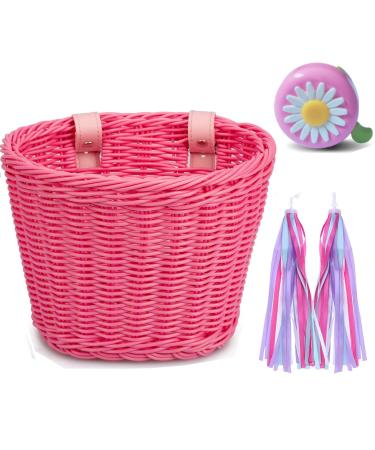 Bike Basket Kid Bicycle Basket Bike Accessories, 1pc Bicycle Bell with Stickers, 1pc Kid Bicycle Front Basket and 1pairs Colorful Ribbons Tassels Decoration for Girl Boy Pink