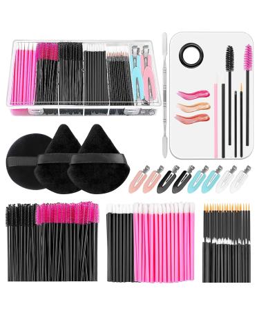 Disposable Makeup Applicators Kit Cosmetic Makeup Mixing Palette with Spatula Artist Tool Triangle Powder Puffs Disposable Makeup Brushes Wands and Hair Clips with Clear Organizer Box Multicolors