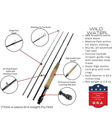 Wild Water Deluxe Fly Fishing Combo Starter Kit - 7-Foot 4-Piece Fly Rod, 3/4 Weight, Accessories, Aluminum Reel, Hard Tube Case - Includes Fly Box and Flies - Buy Online on GoSupps.com
