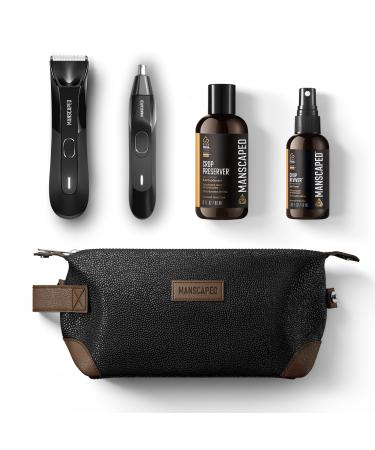 MANSCAPED Grooming Essentials 4.0 Includes The Lawn Mower 4.0 Groin Hair Trimmer Weed Whacker 2.0 Nose Hair Trimmer Crop Preserver Ball Deodorant Crop Reviver Spray Toner Shed Toiletry Bag