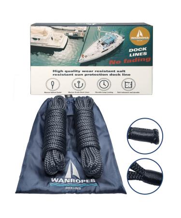 Wanropes Dock Lines Boat Ropes for Docking 1/2" 15FT Double Braided Nylon Mooring Marine Rope Boat 2 Pack for Boats, Marine Rope, Small Boat Accessories 1/2"x15' (2PK)