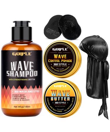 360 Wave Shampoo Wave Pomade Strong Hold 360 Wave Training Hair Cream Wave Butter for Men Pocket Palm Brush Curved Wave Brush for Men Silky Durags for Men Extra Long Tails Wave Brush Wave Cap Set