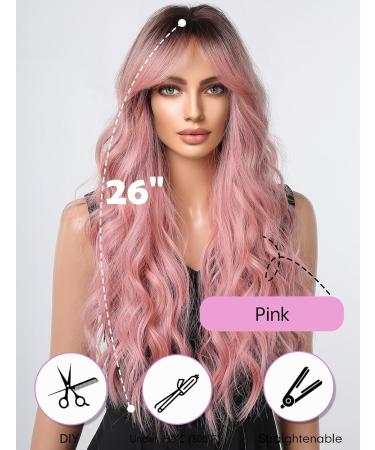 Wokestar Long Pink Synthetic Hair Wig with Curtain Fringe for Women - Buy Online on GoSupps.com