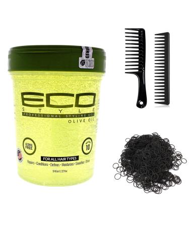 Hair Styling Gel Styling Tools Kit (Including Eco Styling Gel Olive Oil Gel 32 Ounce  2 Piece Wide Tooth Hair Comb Set & 100 pc Hair Elastic Rubber Bands) Hair Gel Set