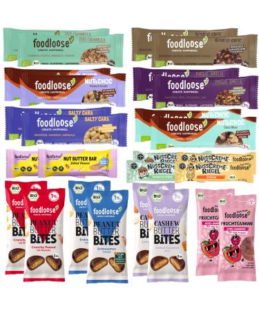 Foodloose mix package |Delicious test mix of 26 organic snacks: nutring fruit gums groove butter bits nut cream bars & nut butter bars |Organic vegan gluten and lactose-free bestsell Package 1 piece (26 Pack)