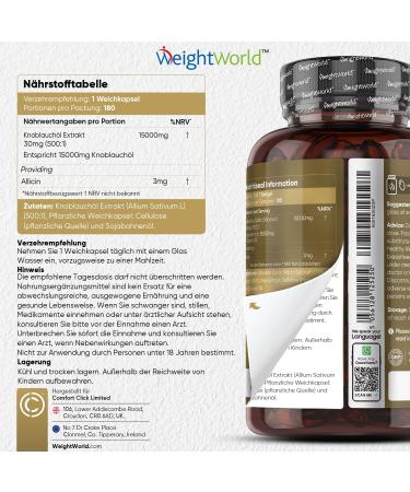 Garlic Soft Capsules 15 000mg - 180 Vegan Capsules | Allicin Extract | Cold-Pressed Garlic Oil | Fermented | WeightWorld - Buy Online on GoSupps.com