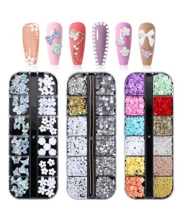 3D Nail Art Gem Kit - Acrylic Butterfly White Flowers Bear Star AB Crystals Cute Nail Charms 3Box Jewelry & Crafting Accessories with Tweezer