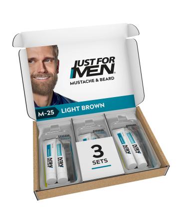 Just For Men Mustache & Beard, Beard Coloring for Gray Hair, with Biotin Aloe and Coconut Oil for Healthy Facial Hair - Light Brown, M-25 (Pack of 3, Ecomm Friendly Packaging) 3 Count (Pack of 1) Light Brown
