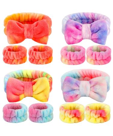 12 Pieces Soft Spa Headband and Wristbands Set Face Wash Makeup Headband Tie Dye Fuzzy Skincare Headbands with Face Washing Wristband Facial Headband for Washing Face Sleepover Party (Fresh Color)