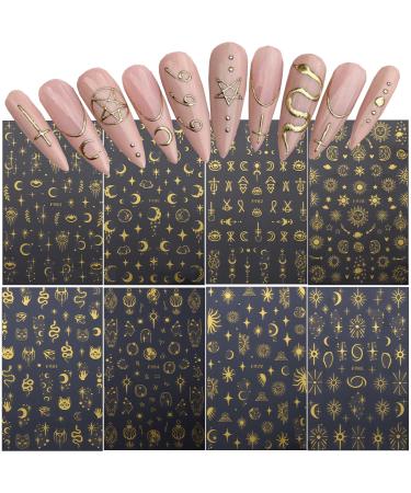 8 Sheets Gold Star Nail Stickers | Metallic 3D Self-Adhesive Nail Art Decals for Women - Sun Moon & Planet Designs - Buy Online on GoSupps.com