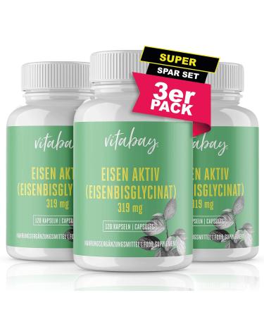 VITABAY Iron high -dosed - 360 vegan iron capsules (3 Set) 319 mg Eisenbisglycinat - iron tablets high -dose iron preparations - iron tablet Iron supplement tablet iron naturally tablet 360 pieces (1 Pack)