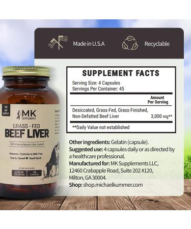 MK Supplements Grass-Fed Beef Liver 3000mg - 180 Capsules - 100% Pasture-Raised New Zealand Cattle - Buy Online on GoSupps.com
