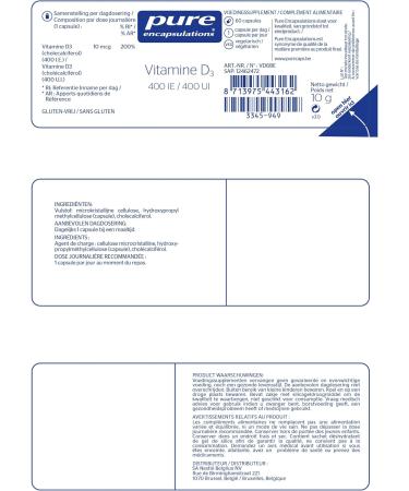 Pure Encapsulations Vitamin - D3 400 IE - Essential for Botmetabolism Immuunsysteem het Calciummetabolism and Werking van de Spieren - 60 Capsules - Buy Online on GoSupps.com