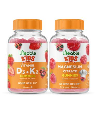 Lifeable Vitamin D3 + Vitamin K2 Kids + Magnesium Kids Gummies Bundle - Great Tasting Vitamin Supplement Gluten Free GMO Free Chewable Gummy