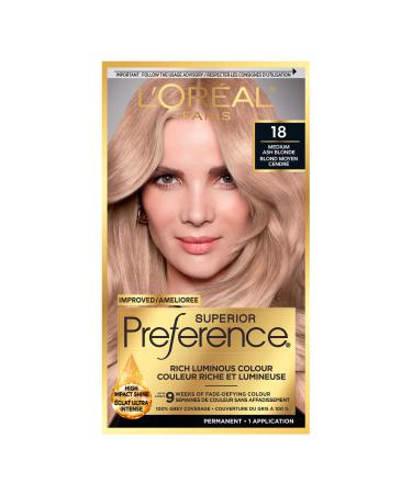 L'Oreal Paris Superior Preference 9 weeks of Luminous Fade-Defying Permanent Hair Dye 18 Medium Ash Blonde 100% Grey Coverage 1 Hair Dye Kit (Packaging May Vary) Medium Ash Blonde 1 count (Pack of 1)