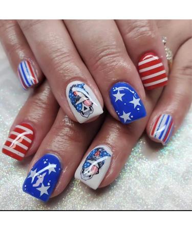 4th of July Fake Nails Short Square Press on Nails Red&Blue&White Star False Nails with Skull Designs Red Blue Line Square Acrylic Nails American Flag Designs Nails for Women 24Pcs Style 4