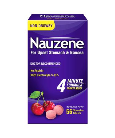 Nauzene Non-drowsy Upset Stomach & Nausea Relief, Wild Cherry Flavor Chewable Tablets, 56 Count