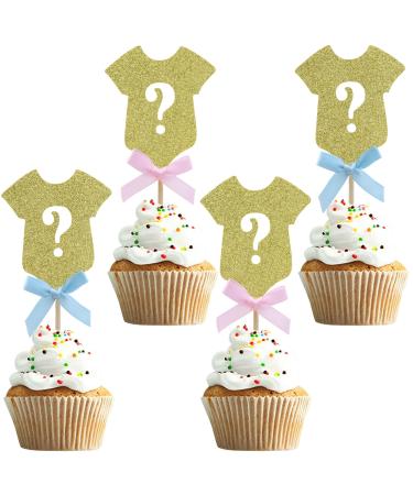 UXYOKM 24Pcs Gender Reveal Cupcake Topper with Blue Pink Bow Boy or Girl Cupcake Picks Gold Glitter Baby Shower Birthday Party Cake Decorations Supplies