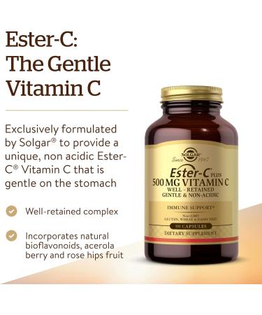 Solgar Ester-C Plus 500mg Vitamin C Capsules with Bioflavonoids - 90 Count - Gentle & Non-Acidic Immune Support - Non-GMO & Gluten-Free - Buy Online on GoSupps.com
