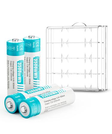 1.5V AA Rechargeable Batteries 3500mWh 4 Pack Li-ion Rechargeable AA Batteries High Capacity 1500 Cycles Fast Charge Sky-Blue 4 Batteries ONLY
