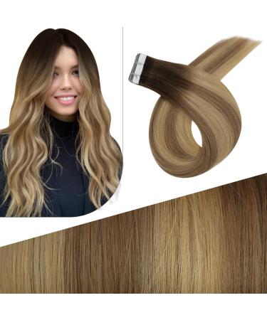 Fshine Tape Extensions Balayage Brown Blonde 40cm Virgin Injection Hair Tape Real Hair Dark Brown Fades To Light Brown And Balayage Adhesive Extensions Real Hair 20Gram 10 Pieces #3/8/22 5.Injected Tape #3/8/22 40 cm