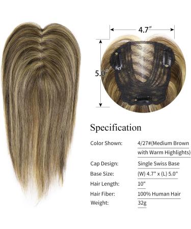 10 Inch Real Human Hair Topper for Thinning Hair Women - Medium Brown with Warm Highlights - Buy Online on GoSupps.com
