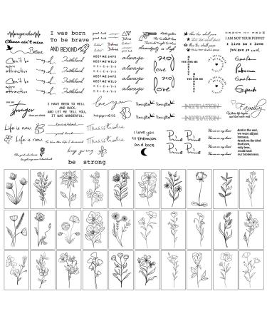 60PCS Black Temporary Tattoos for Women Girls Realistic Fake Tattoo  30Pcs Personality Sentence Tattoos  30Pcs Ink Line Botanical Floral Leaf Waterproof Tattoo Stickers DIY Body Art Face Arms Legs