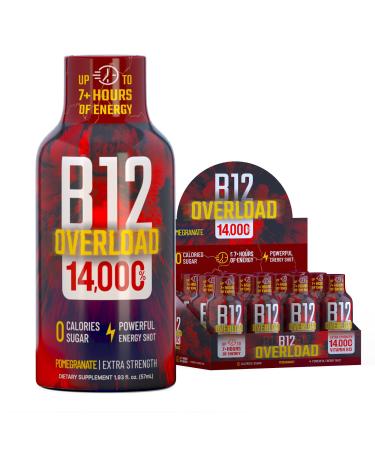 B12 Overload Extra Strength Energy Shot Pomegranate 260mg Caffeine 14000% B12 Electrolytes Energy & Vitality Support Zero Sugar No Calories Vegan Kosher Gluten-Free 1.93 fl oz 12-Pack Pomegranate 12-Pack