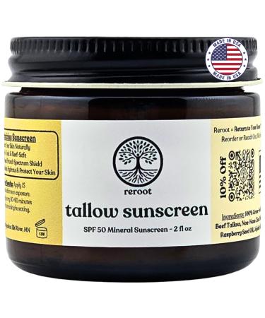 Beef Tallow Sunscreen - Non Toxic All Natural Non-Nano Zinc Oxide Cream - Tinted Mineral Sunscreen for Face - Reef Safe SPF 50 Sun Protection for Men Women and Children (2oz Unscented) Unscented 2 Fl Oz (Pack of 1)