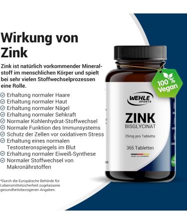 Buy Wehle Zinc Tablets - 365 High Dosage Zinc Bisglycinate (25mg) - Premium Vegan Formula Laboratory-Tested Made in Germany - International Shipping Available - Buy Online on GoSupps.com