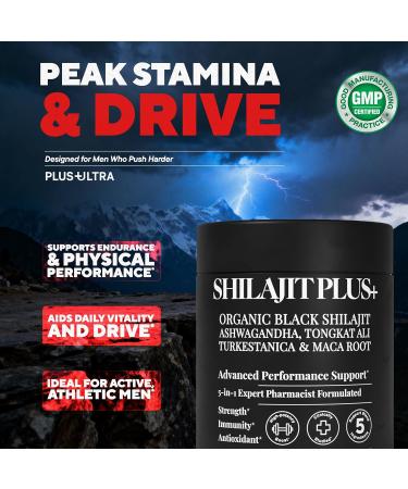 Black SHILAJIT+ for Men 1250mg Ultra Strength Formula with Ashwagandha Tongkat Ali & Turkesterone 80% Fulvic Acid Boosts Energy Vitality Testosterone & Stamina 60 Vegan Capsules - Buy Online on GoSupps.com
