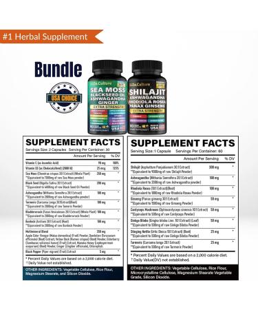 Shilajit and Sea Moss Combo - Sea Moss and Shilajit Bundle with Ashwagandha Black Seed Turmeric Bladderwrack Burdock Black Pepper with Vitamins and Antioxidants - 120 Veggie Capsules 60 Count (Pack of 2) - Buy Online on GoSupps.com