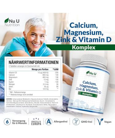 Calcium Magnesium Zinc & Vitamin D3 - 365 Vegetarian Tablets | High-Dose 800mg Calcium Complex | Nu U Nutrition - International Shipping Available - Buy Online on GoSupps.com