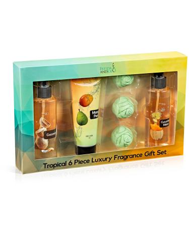 Fine Fragrance Body Mist & Body Splash Gift Set Luxury Self-Care Combo for Women and Girls (Coconut Cucumber Mango Pear w/ Bath Fizzer Bath Bomb) Valentines Gift for Women Coconut Cucumber Mango Pear w/ Bath Fizzer 6-piece